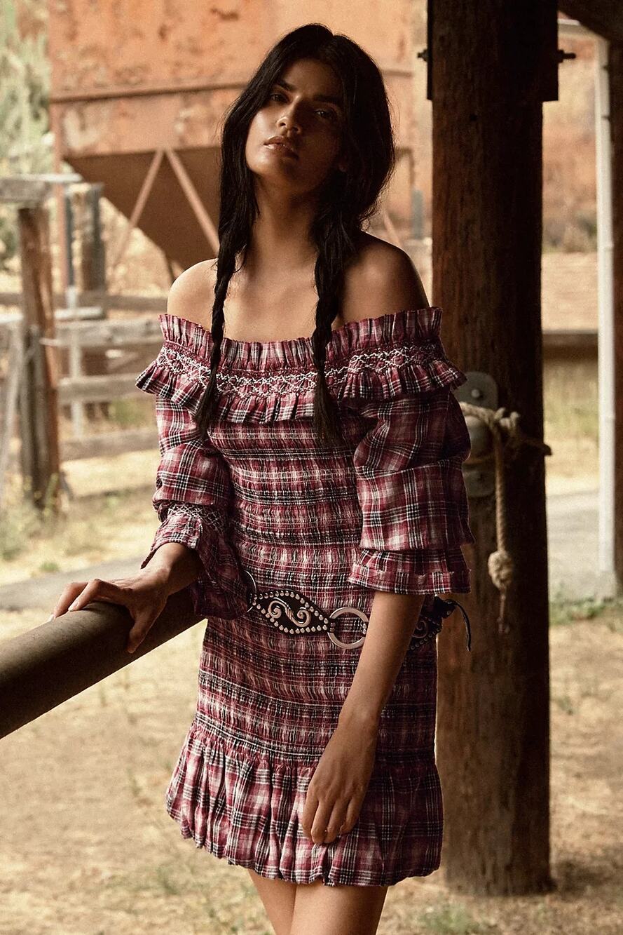 NWT Anthropologie Pilcro Smocked Plaid Mini Dress $168 LARGE Red Long-Sleeve